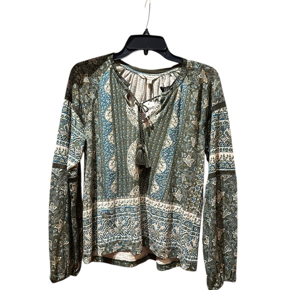 Lucky Brand  Modal Teal Green Floral Crochet Lace Boho Peasant Blouse Small NWT